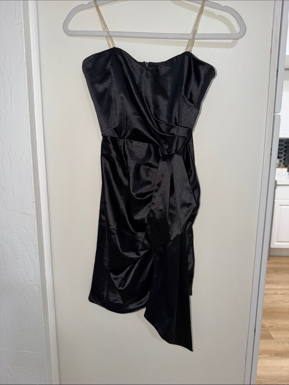 NWT Do + Be Black Strapless Satin Cocktail Mini Dress with Side Drape | S